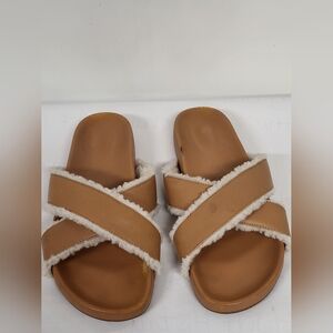 J Crew Pacific Sherpa Shearling Lined Leather Slides Slip On Size 9